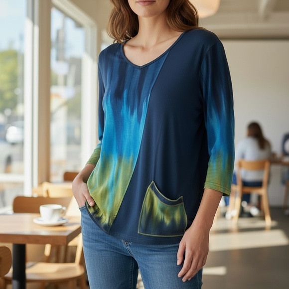 Parsley & Sage Tops - Parsley & Sage Tunic V-Neck Top Blue and Green Women M 3/4 Sleeve Soft